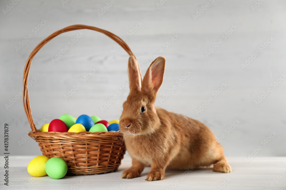 Cute bunny and basket with Easter eggs on white table