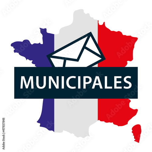 Elections municipales. Carte de France aux couleurs du drapeau français avec bulletin de vote. Illustration vectorielle.