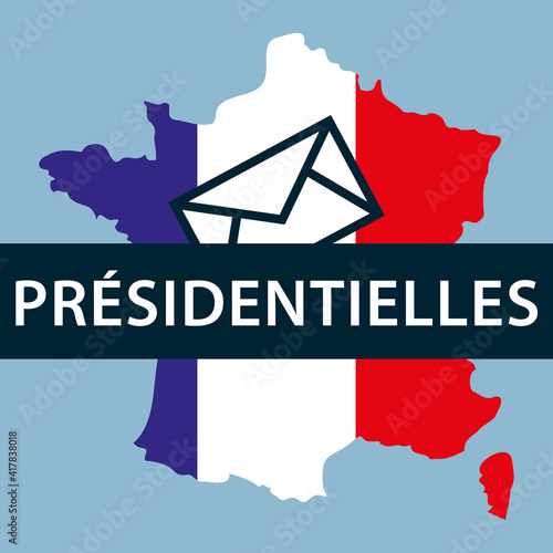 Elections présidentielles. Carte de France aux couleurs du drapeau français avec bulletin de vote sur fond bleu. Illustration vectorielle.