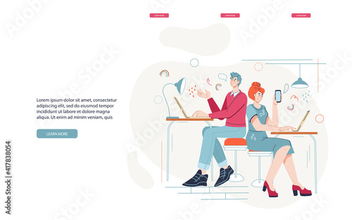 Website template on topic of coworking center with business people working in the open space office. Shared working environment and teamwork  flat cartoon vector illustration.