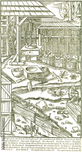 Das Pochen und Amalgamieren der Golderze. Georgius Agricola, Berg- und Hüttenwesen, 1556.  photo