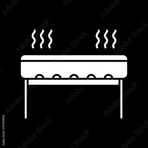 Barbecue grill dark mode glyph icon. Outdoor cooking appliance. Oven for picnic cookery. Heater to roast steak. White silhouette symbol on black space. Vector isolated illustration