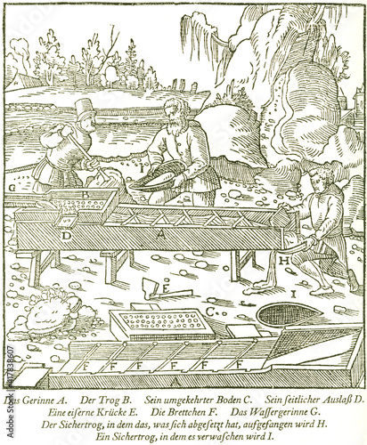 Das Verwaschen der Golderze im Trog und im Gerinne mit eingesetzten Brettern. Georgius Agricola, Berg- und Hüttenwesen, 1556. 