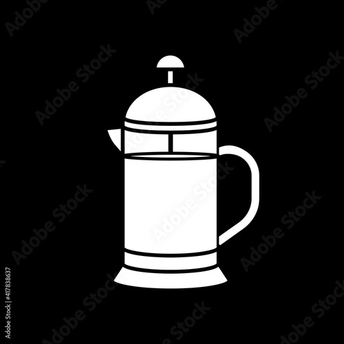 French press dark mode glyph icon. Tea brew. Alternative method of coffee preparation. Appliance to brew beverage. White silhouette symbol on black space. Vector isolated illustration