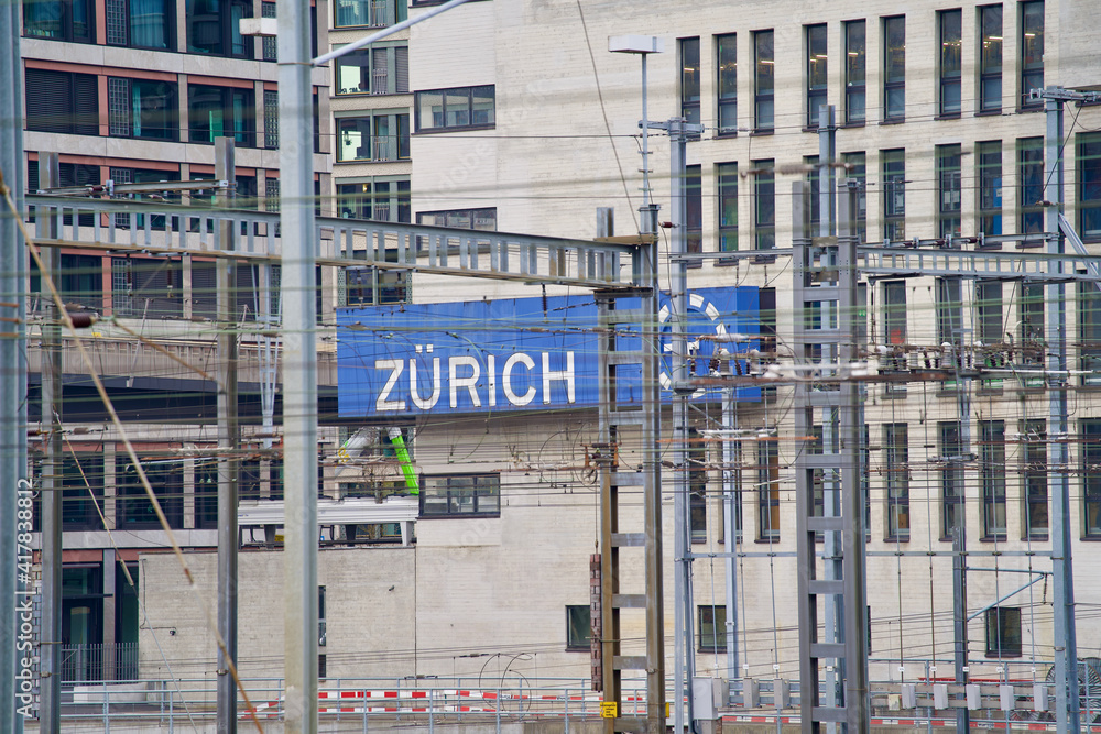 Railway main station HB with control tower and station sign of Zurich. Photo taken March 3rd, 2021, Zurich, Switzerland.