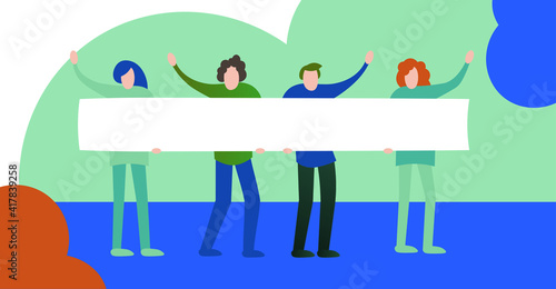 Protest in the world. People crowd holding blank banner, manifesting activists. Street demonstration vector concept. Illustration of placard protester, political revolution, demonstrate