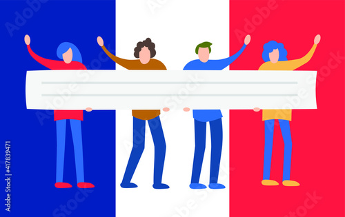 Protest in Europe, France. People crowd holding blank banner, manifesting activists. Street demonstration vector concept. Illustration of placard protester, political revolution, demonstrate