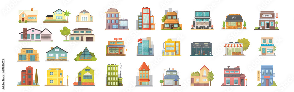 Set of different styles residential and city houses. City architecture retro and modern buildings. House front cartoon illustrations. Store building and Houses exterior collection.