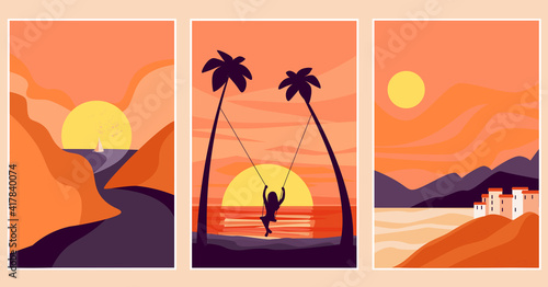 Abstract art minimalistic illustration of the sea coast. Landscape on the background the setting sun, bright, contrasting colors. Silhouette of a girl on a swing. Vector  for posters, wallpaper, print