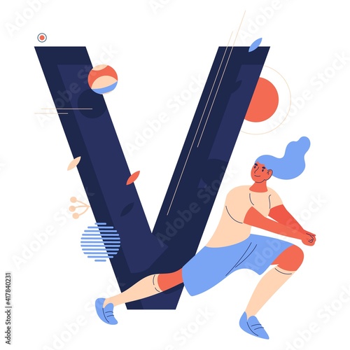 Capital letter V and woman playing volleyball. Casual sport clothes, shorts and ball, female character ready for pass isolated on white