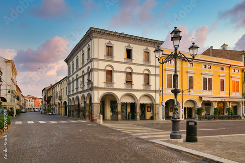 Montagnana, Italy - August 6, 2017: architecture of the quiet streets of the old city in the early morning.