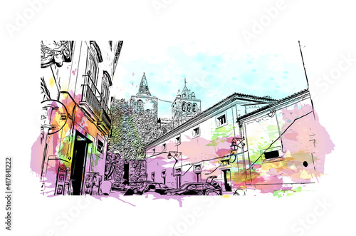 Building view with landmark of Evora is the city in Portugal. Watercolour splash with hand drawn sketch illustration in vector.