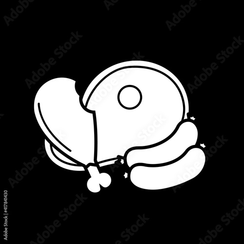 Meat butchery dark mode glyph icon. Fresh poultry and raw beef. Animal cut out. Tenderloin and sirloin. Sausages for cooking. White silhouette symbol on black space. Vector isolated illustration