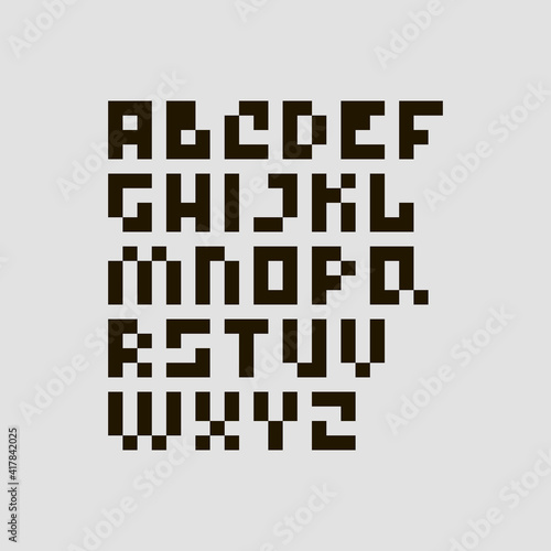 black and white simple flat pixel art illustration of alphabet of all letters of the English language
