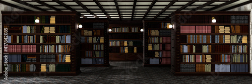Wallpaper Mural Panoramic view of the interior of the old library. Large wooden bookcases with various books. 3d rendering Torontodigital.ca