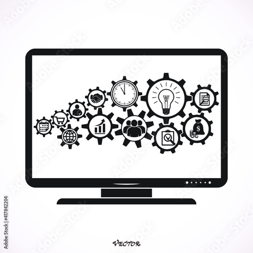 Business mechanism concept. Abstract background with connected gears and icons for strategy, research, concepts. Vector