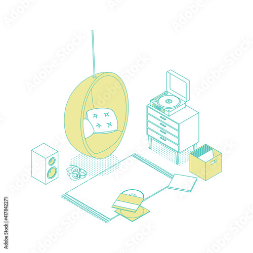 Isometric music room, living room. Vector illustration in flat design. Outlined, linear style
