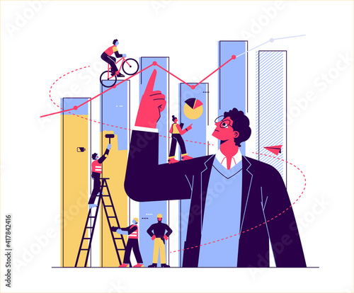 Financial advisor illustration, study infographics on column graph, analyze evolutionary scale, business, financial planning, stock market, unemployment, inflation impact. Vector