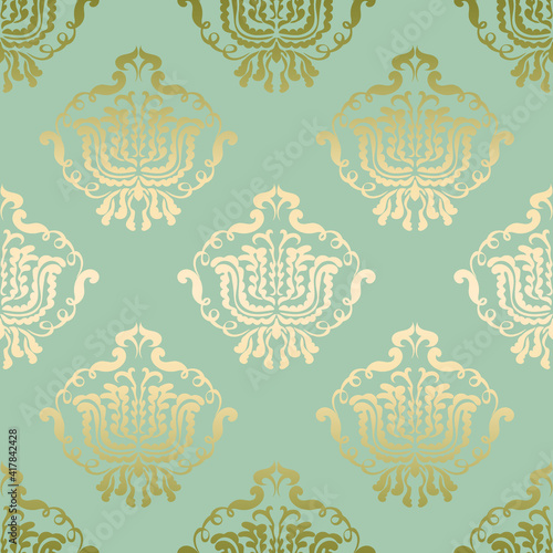 Gold and gray-green ornament seamless pattern in vector. Floral royal victorian pattern. Baroque wallpaper. Damascus 