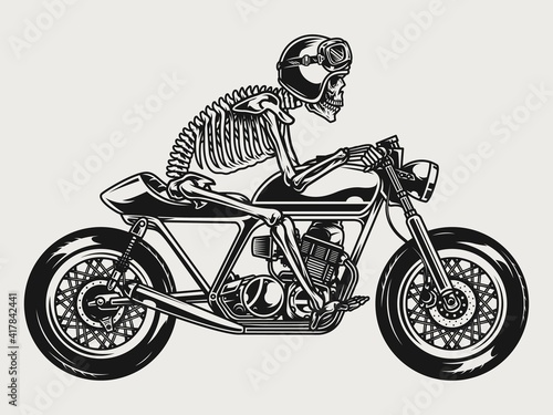 Skeleton in helmet and goggles riding motorcycle