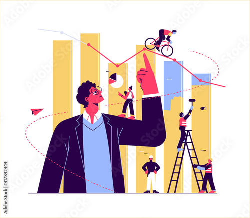 Financial advisor illustration, study infographics on column graph, analyze evolutionary scale, business, financial planning, stock market, unemployment, inflation impact. Vector