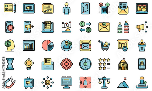 Successful campaign icons set. Outline set of successful campaign vector icons thin line color flat on white