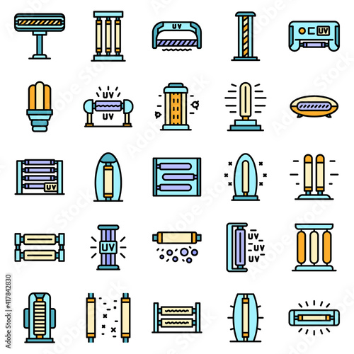 UV lamp icons set. Outline set of UV lamp vector icons thin line color flat on white