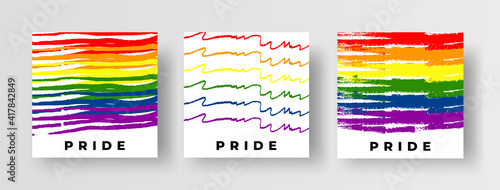 LGBT Pride Flag Social Media Post Template Collection. Set of Creative Hand Drawn Doodle Pride Flag Illustrations in Brush Stroke Style. Vector Design Element or Square Banner. LGBT Pride 2021