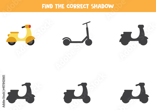 Find the correct shadow of cartoon moped. Logical puzzle for kids.