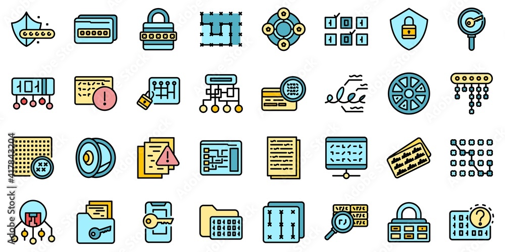 Cipher icons set. Outline set of cipher vector icons thin line color flat on white Cipher icons set. Outline set of cipher vector icons thin line color flat on white