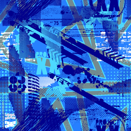 Seamless Grunge geometric pattern for girls, boys, fashion textile, sport clothes. Urban modern design with curved squares, shape, spray paint elements. Chaotic guys repeated monochrome backdrop 