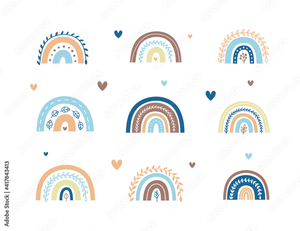 Set of Scandinavian leafy rainbows with hearts in pastel blue colors for nursery posters, children arts, boho cards, baby shower, textile isolated on white background. Set of Scandinavian leafy rainbows with hearts in pastel blue colors for nursery posters, children arts, boho cards, baby shower, textile isolated on white background.