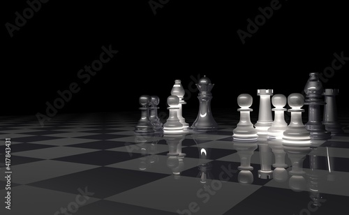 Tablero de ajedrez efecto espejo con piezas blancas y negras brillantes. 3D. Render