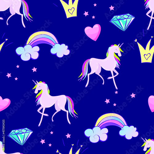 Princess Seamless Pattern for textile with castle, crown, butterfly, stars, diamond. Abstract seamless pattern for girls.
