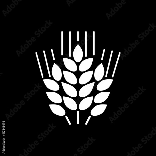 Wheat ears dark mode glyph icon. Grain crop. Farmers harvest. Staple food. Ingredient for baking beard. Agriculture production. White silhouette symbol on black space. Vector isolated illustration