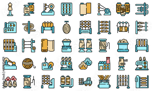Thread production icons set. Outline set of thread production vector icons thin line color flat on white