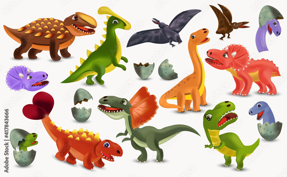 Obraz premium Dinosaurs Tyrannosaurus, Brachiosaurus, Pterodactyl, Triceratops, Stegosaurus cartoon character. Big collection Dinosaurs. Dinosaurs hatching from an egg. 3D vector illustration.