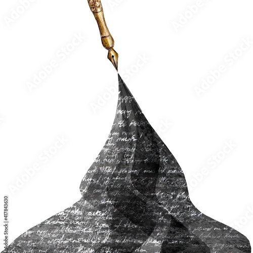 Fotografía Watercolor vintage style fountain pen with spilled ink with black abstract text