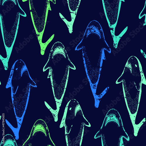 Abstract seamless pattern with sharks.Grunge modern background for boys and girls,  For prints, T-shirts, textiles,fabric, web. Urban dark wallpaper.