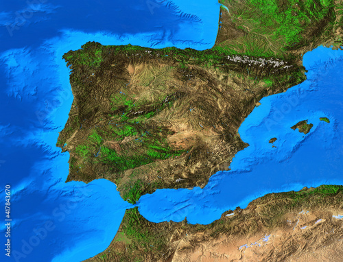 Physical map of Spain and Portugal. Detailed flat view of the Planet Earth and its landforms. 3D illustration - Elements of this image furnished by NASA photo