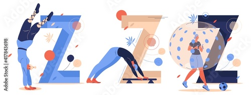 Vector sport letters Z collection with active woman training zourkhaneh, zorb football and zui-quan. Young female characters playing and fighting.