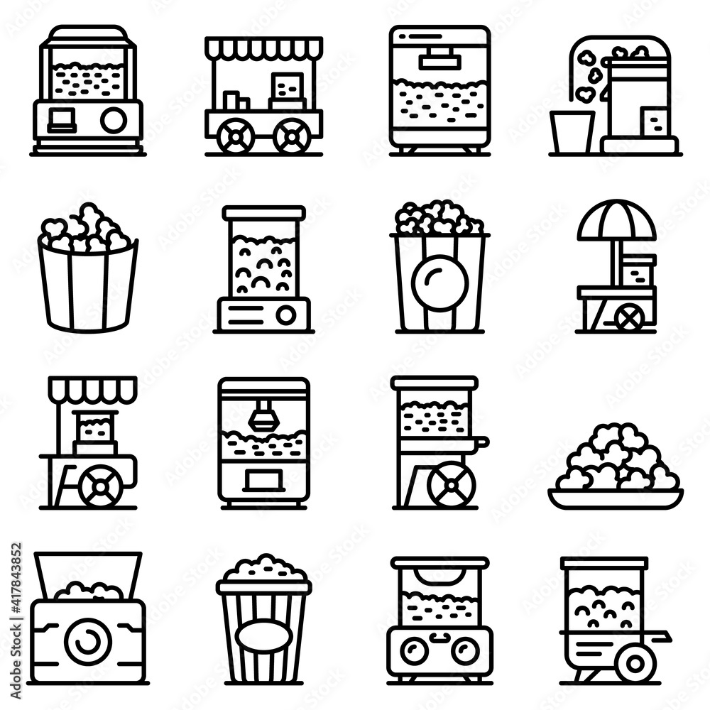 Popcorn maker machine icons set. Outline set of popcorn maker machine vector icons for web design isolated on white background Popcorn maker machine icons set. Outline set of popcorn maker machine vector icons for web design isolated on white background
