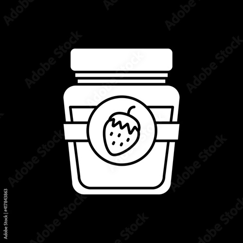 Strawberry jam in jar dark mode glyph icon. Conserved sweet dessert with fruits. Preserved berry marmalade in glass. White silhouette symbol on black space. Vector isolated illustration