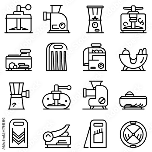 Vegetable cutter icons set. Outline set of vegetable cutter vector icons for web design isolated on white background