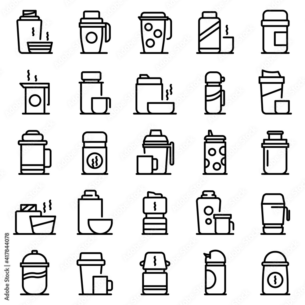 Thermo cup icons set. Outline set of thermo cup vector icons for web design isolated on white background Thermo cup icons set. Outline set of thermo cup vector icons for web design isolated on white background