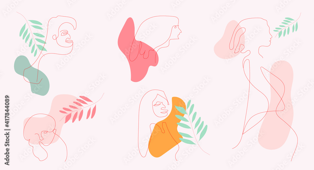 Women abstract line art with colorful background.