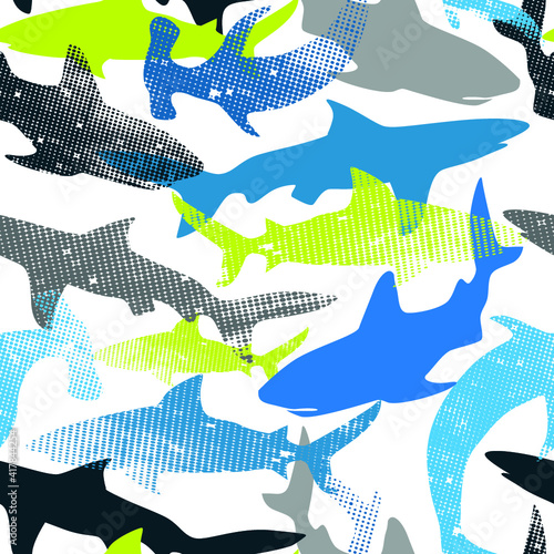 Abstract seamless pattern with sharks.Grunge modern background for boys and girls,  For prints, T-shirts, textiles,fabric, web. Urban dark wallpaper.