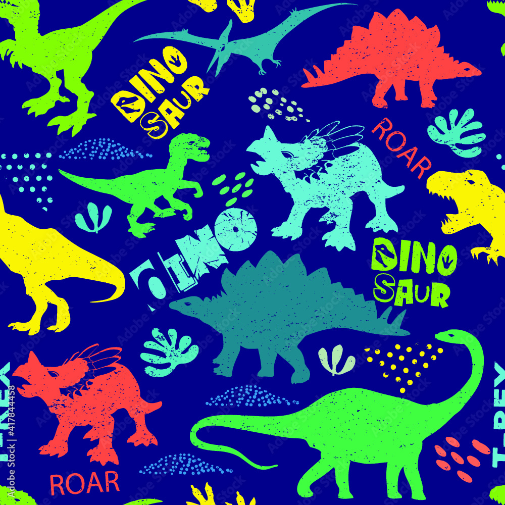 Seamless  silhouette  Dino pattern, print for T-shirts, textiles, wrapping paper, web. Original design with t-rex, dinosaur.  grunge design for boys and girls