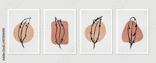 Feather wall art vector set. Minimal and natural wall art. Drawing with abstract shape. Abstract art design for print, wallpaper, cover. Modern vector illustration.