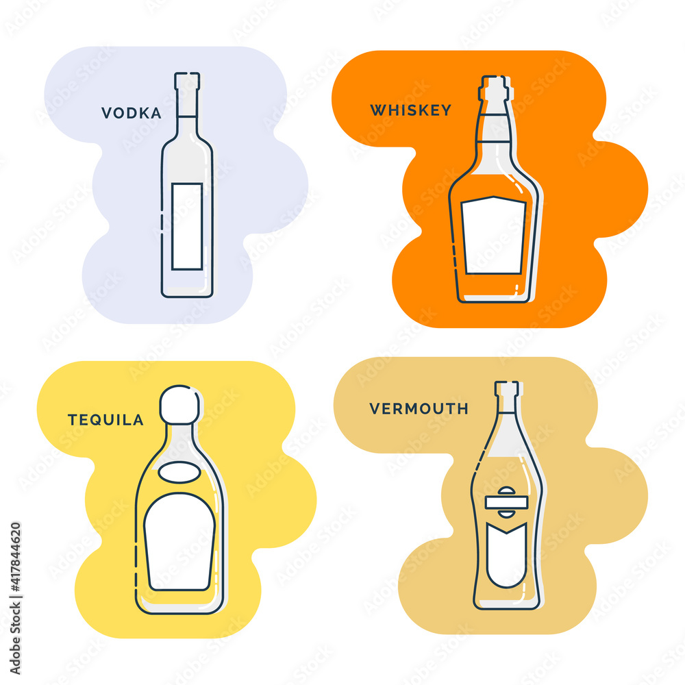 Bottle vodka whiskey tequila vermouth line art in flat style. Restaurant alcoholic illustration for celebration design. Beverage outline icon. Isolated on shape background in graphic style. Bottle vodka whiskey tequila vermouth line art in flat style. Restaurant alcoholic illustration for celebration design. Beverage outline icon. Isolated on shape background in graphic style.